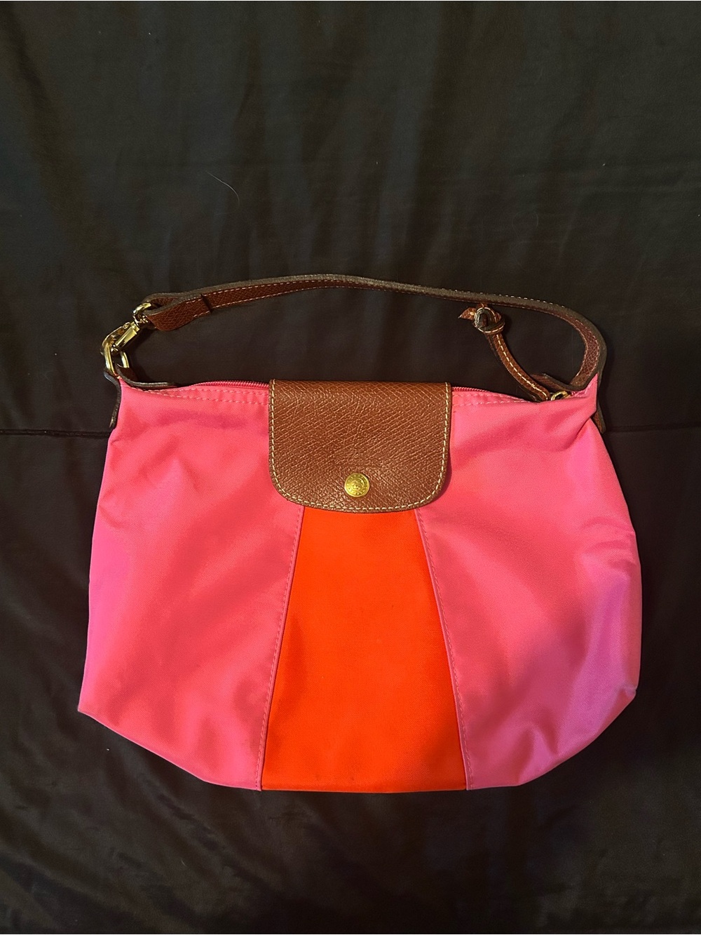Longchamp Pink and Red Shoulder Bag with Brown Trim